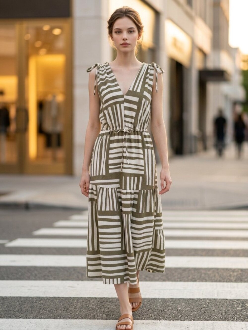 NWOT Calvin Klein Geometric Stripe Tiered Maxi Dress Olive White Size 2